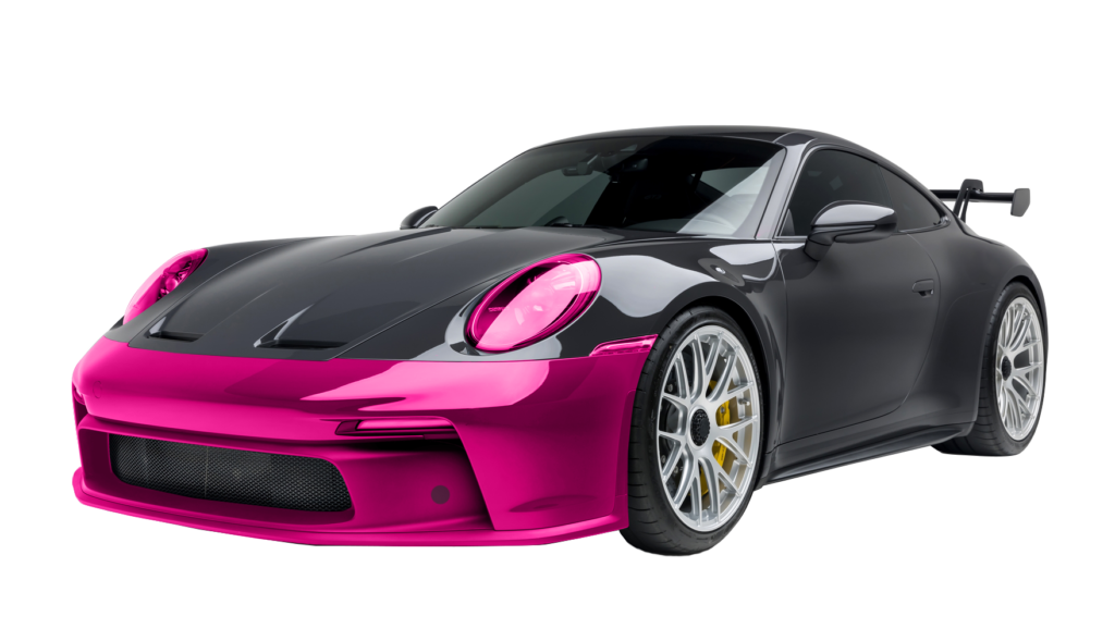 Black Porsche 911 GT3 with the front bumper, headlights and wing mirrors highlighted to show the panels covered by the bumper protection package