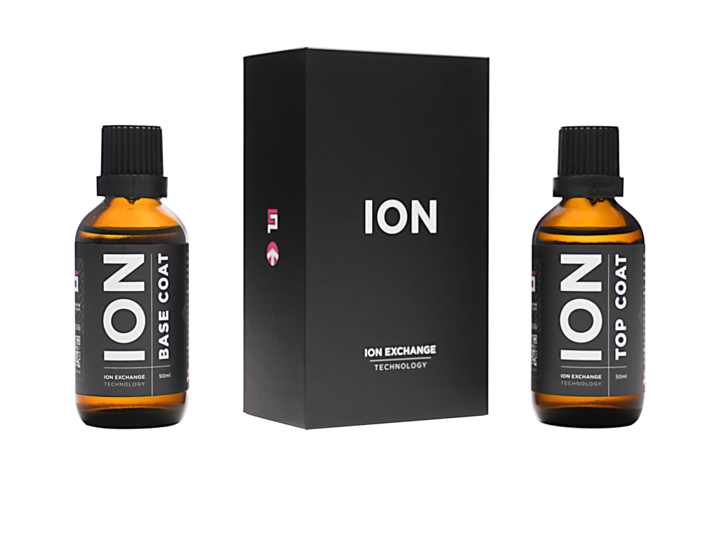 Ceramic Pro ION base coat and top coat bottles beside the ION Exchange Technology presentation box