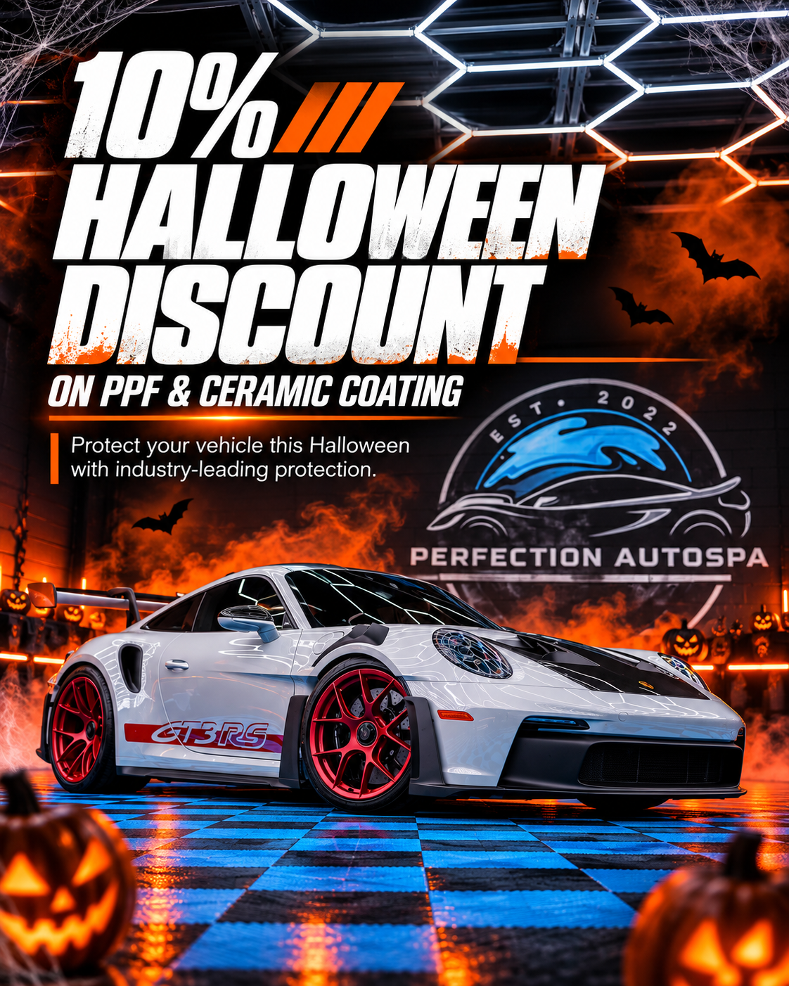 Perfection Auto Spa Halloween promotion - Save 10% on PPF, ceramic coating, window tint, vinyl wraps, and vehicle customization through October 31, 2026